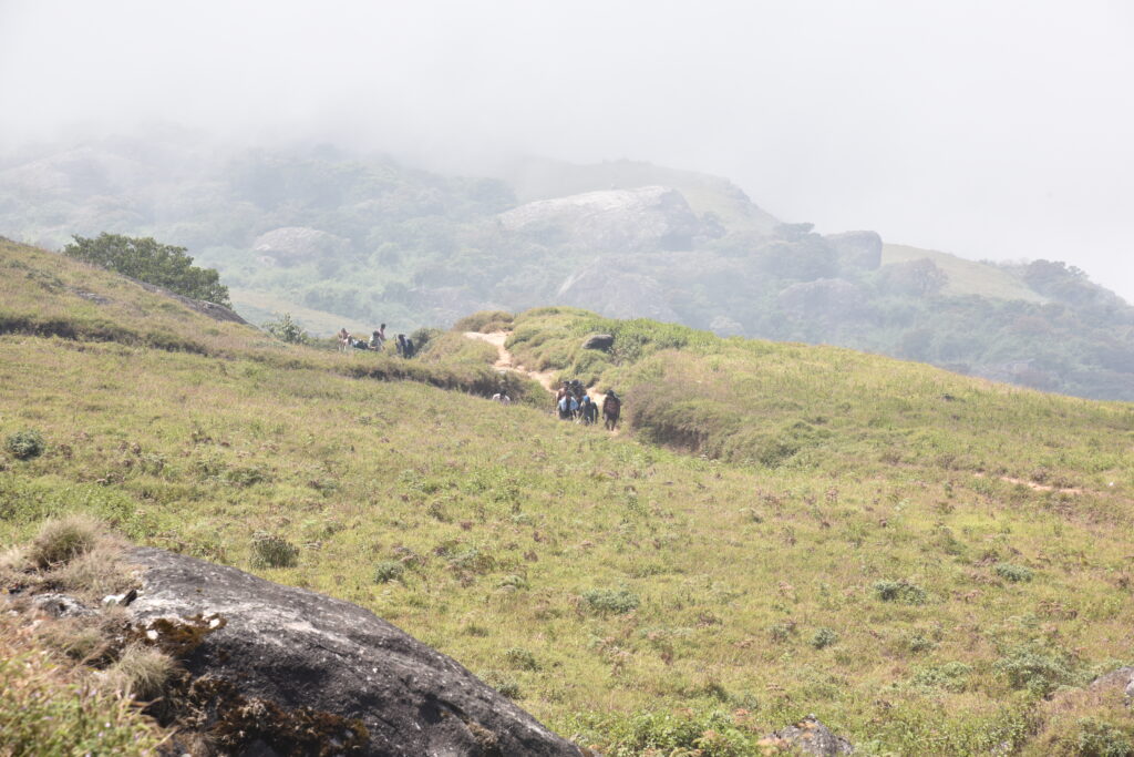 Devotees trekking on the steep and challenging mountain path towards Velliangiri peak.