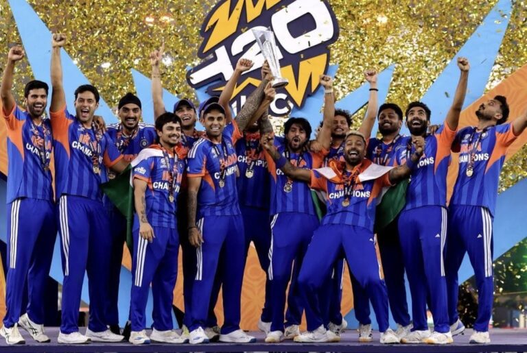 2026 T20 World Cup winning Indian team celebrating with the trophy at Narendra Modi Stadium