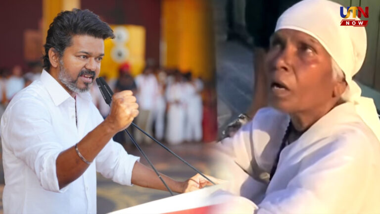 Elderly woman meditates outside actor Vijay house