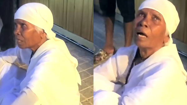Elderly woman meditates outside actor Vijay house