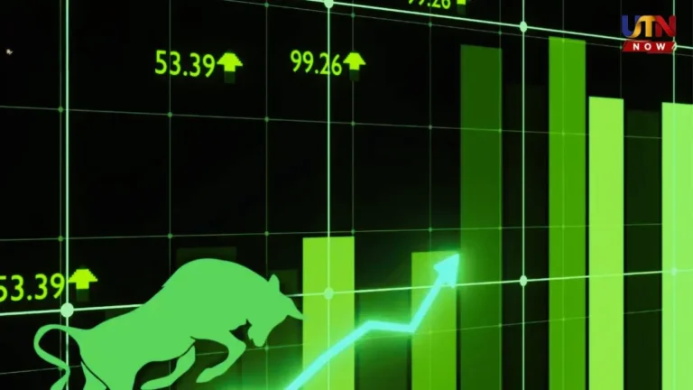 இந்தியப் பங்குச்சந்தை ஏற்றம்: பச்சை நிற எருது மற்றும் மேல்நோக்கிச் செல்லும் வரைபடம் - UTN NOW வணிகச் செய்திகள்.