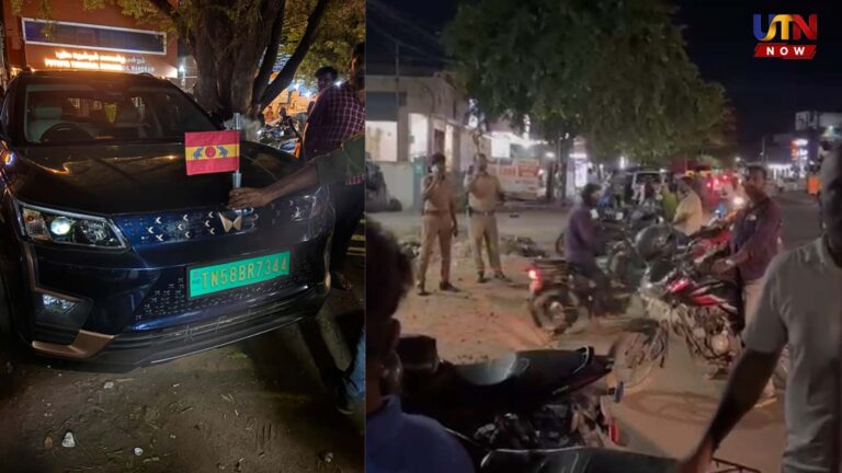 பானிபூரி வியாபாரி மீது காரை ஏற்றிய போதை ஆசாமிகள்.. பொதுமக்கள் குற்றச்சாட்டு..! coimbatore-tvk-flag-car-panipuri-cart-attack-drunken-youth
