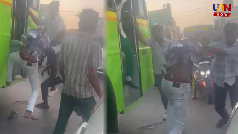 சாலையின் நடுவே அடிதடி.. மினி பேருந்தில் மோதிக்கொண்ட பள்ளி மாணவர்கள்..! thanjavur-school-students-clash-mini-bus-viral